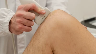 Dettaglio della sonda ecografica applicata al ginocchio durante un’ecografia muscolo-scheletrica