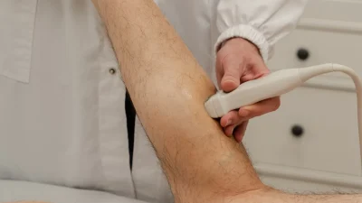 Dettaglio della sonda ecografica applicata al gastrocnemio durante un’ecografia muscolo-scheletrica