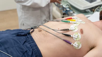 Visita medico sportiva non agonistica: elettrodi dell’ECG posizionati sul torace del paziente, Progetto Salute Capriate San Gervasio
