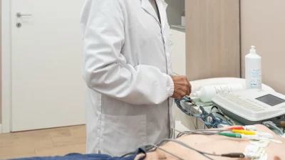 Visita medico sportiva non agonistica: il medico prepara l’elettrocardiogramma applicando gli elettrodi al torace, Progetto Salute Capriate San Gervasio